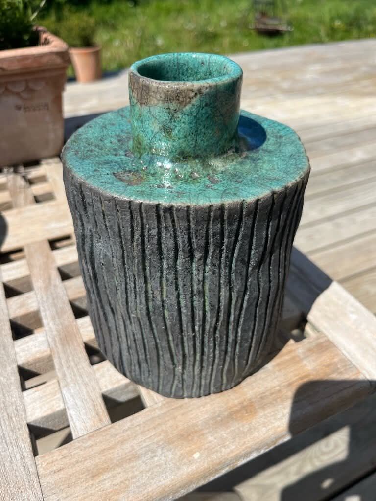 Raku vase teal riller